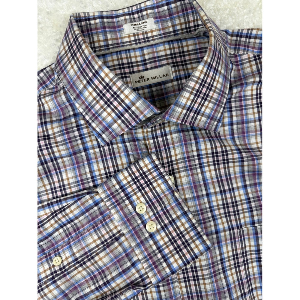 Peter Millar Button Down Shirt Mens XL Purple Blue Plaid Long Sleeve Cotton